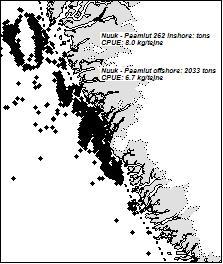 Snow crab stock status and advisory report 9 3 5 6 7 8 Fig. 3. The distribution and crab fishery in Nuuk - Paamiut inshore and offshore in 3-8.