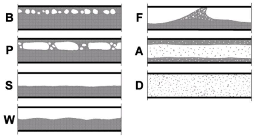 Fig. 2. Two-phase flow structures for vertically situated channel (downwards flow) [2]. B bubble flow, P plug flow, F floating film flow, BF bubble-foam flow, F foam flow, A annular flow Fig. 1.