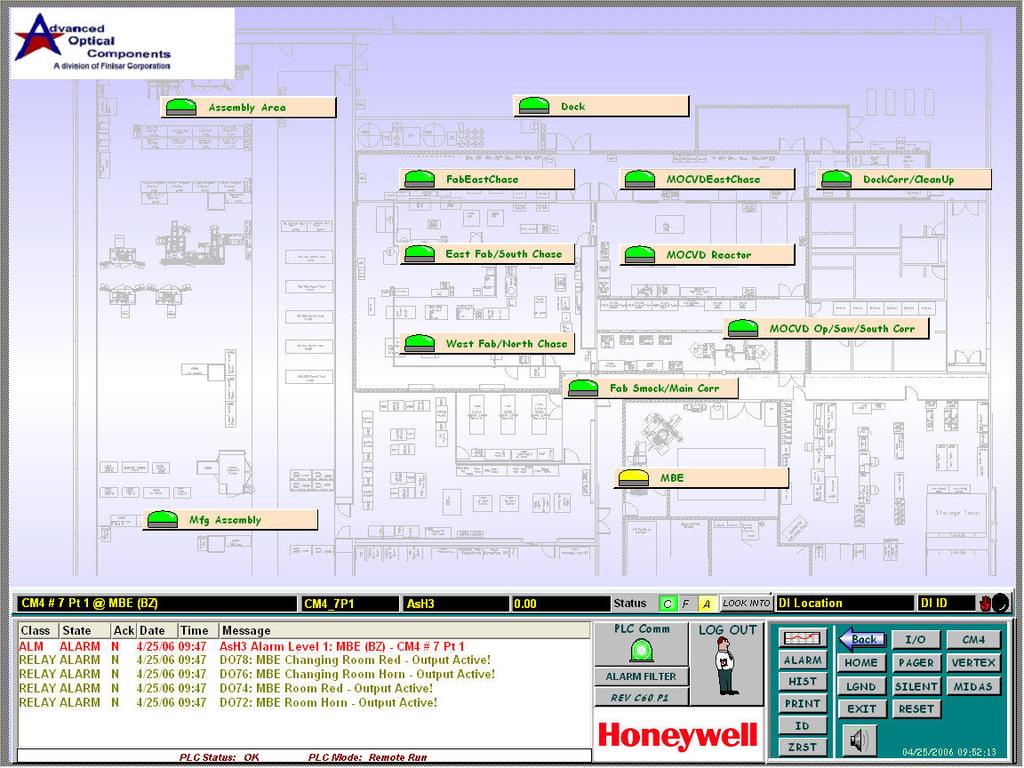 Visualization via HMI The Human Machine Interface (HMI) provides an overall visual representation of the toxic gas monitoring system providing: - Sensor location maps - Alarm history