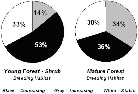 Figure 2. A comparison of the amount, in percent, of young-forest habitat (i.e., that is less than or equal to 20 years old), in 1980 and 2005, within those BCRs where 1980 forest inventory data are available.
