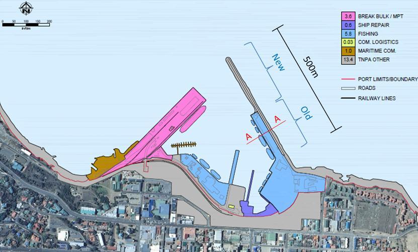 2: LAYOUT OF THE PORT OF MOSSEL BAY ADAPTED FROM TNPA (2014A) The waters surrounding the Mossel Bay breakwater are relatively shallow.