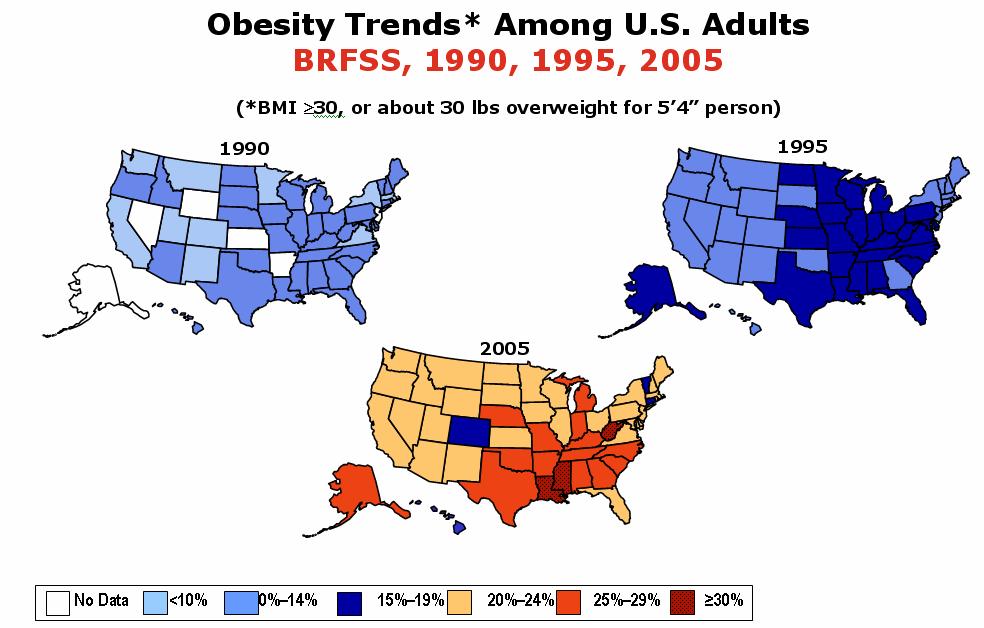 The national obesity trend is illustrated in these graphics developed by