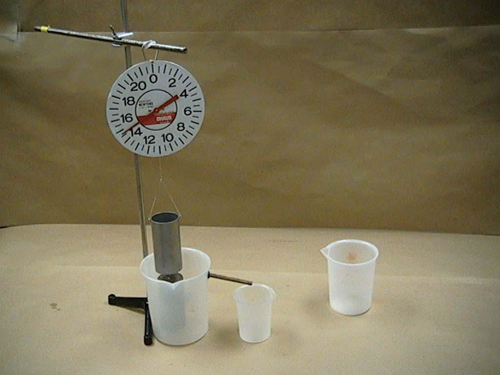 2B40.20 ARCHIMEDES PRINCIPLE (DENSITY AND BUOYANCY) 20N spring scale, short rod and two-way clamp Long rod and base Metal can with string attached Cylindrical metal block Large plastic beaker (with