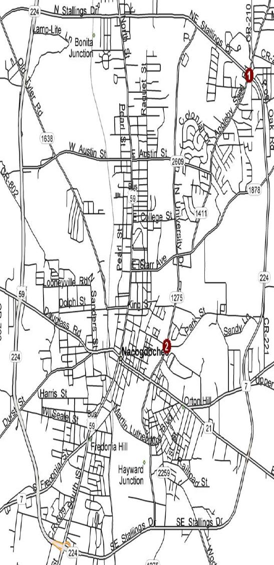 Date of the fourth data collection in Nacogdoches: August 22 to 23 1. Loop 224 @ FM 2609 2. University @ Park Figure 36: Map of Study Intersections in Nacogdoches 4.1.3 Data Collection Methods Different methods were used to collect the required data listed in Table 37.