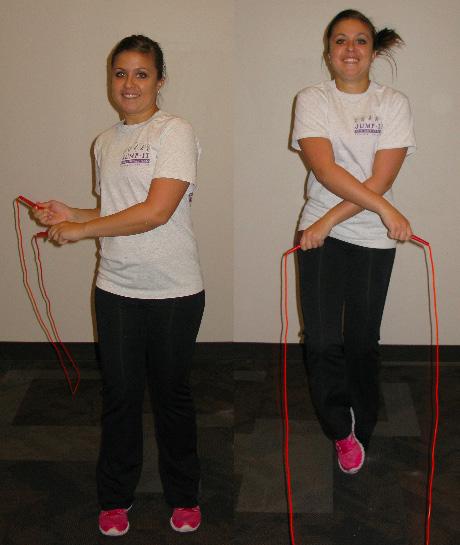 Figure 5. The crisscross involves crossing the arms against the body at about hip height while jumping over the rope. jump during every side swing as well as during the jump.