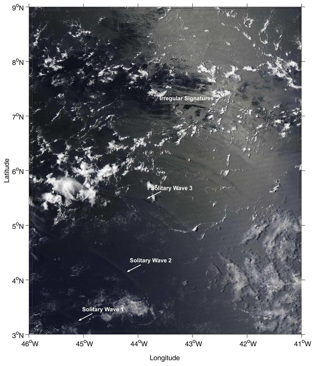 Figure 8. True-color MODIS image of the western equatorial Atlantic acquired 13 August 2004 at 16:05 UTC.