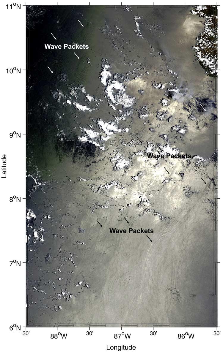 Figure 9. A contrast enhanced true-color MODIS image of the Pacific southwest of Central America acquired on 22 March 2003 at 16:30 UTC.