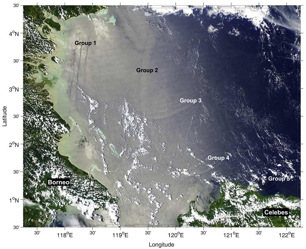Figure 5. True-color MODIS image of the Celebes Sea acquired on 6 March 2006 at 5:25 UTC.