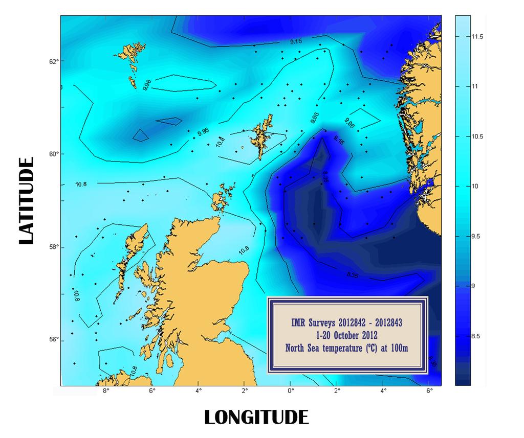 Figure 5. Temperature at 100 m depth. Black dots mark the position of CTD stations. Abundance and distribution of mackerel and herring based on acoustics Total mackerel biomass was estimated to 1.
