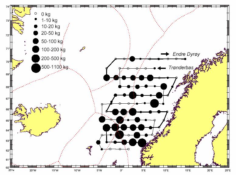 Figure 5.1.4. Trawl catches in designated hauls by two commercial purse seiners/trawlers Endre Dyrøy and Trønderbas in the period 15 27 July 2002. The trawl covered the depth range 5 40 meters.
