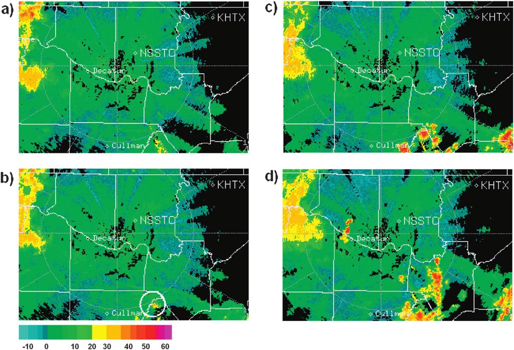 222 MONTHLY WEATHER REVIEW VOLUME 139 FIG. 17. ARMOR reflectivity images (dbz) at (a) 0219, (b) 0231, (c) 0243, and (d) 0308 UTC.