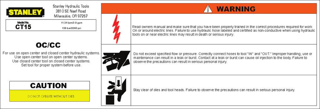 TOOL STICKERS & TAGS DO NOT OPERATE WITHOUT DIES. 07961 Warning Decal 58498 CT15 1650 PSI Combined Sticker NOTE: THE INFORMATION LISTED ON THE STICKERS SHOWN, MUST BE LEGIBLE AT ALL TIMES.