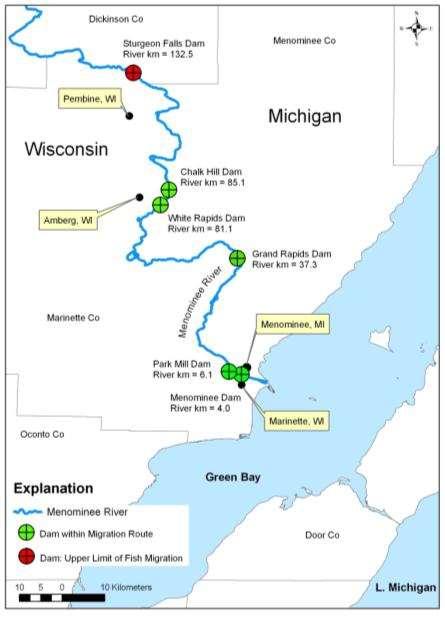 Benefits of Sturgeon Passage on the Menominee River Currently Available 2.75 miles of river Approx.