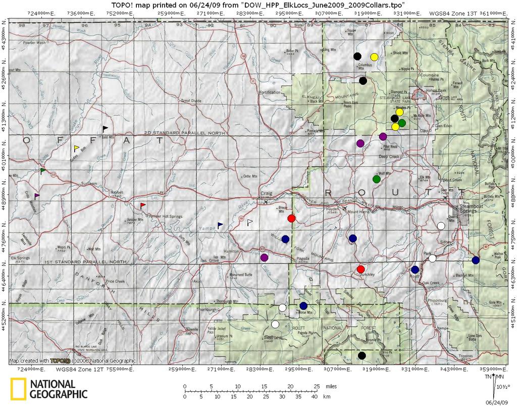 Figure 7: Calving/summer locations in June, 2009 for adult female elk radio-collared during 2 nd year of study in