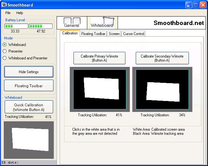 Poglavlje: Kompletan Vodič 3.7.6.2 Whiteboard 3.7.6.2.1 Calibration Tab In this tab, you are able to calibrate each Wiimote that is configured by clicking on the corresponding Calibrate Wiimote button.
