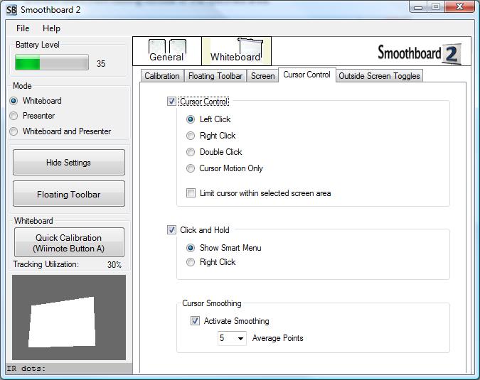 Poglavlje: Kompletan Vodič 3.7.6.2.4 Cursor Control Tab Cursor Control Activating this option will set Smoothboard to control the cursor based on the input from the IR pen.