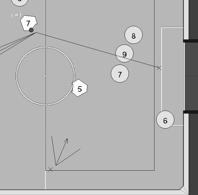 Figure 5: Example of a deflection goal against ToinAlbatross from Japan. The dark lines show debugging output from the tactics and the light line shows the tracked ball velocity.