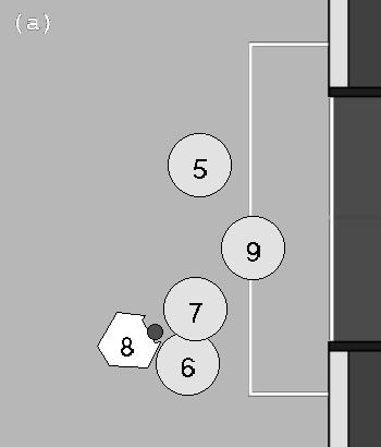 Figure 6: Example of opportunism leading to a goal. Shown is a log sequence from RoboCup 2003 against RoboDragons. The robot gets the ball in image (a). Unexpectedly, a gap opens on goal.