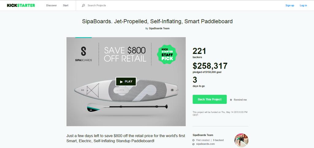 Slika 3.2: Zgornji del strani Kickstarter kampanje SipaBoards, dne 11.5.2015 Vir: SipaBoards. Jet-Propelled, Self-Inflating, Smart Paddleboard (2015). Slika 3.