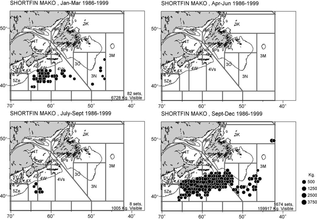 350 S.E. Campana et al. / Fisheries Research 73 (2005) 341 352 Fig. 5. Mako shark catch location by season observed by SFOP on Japanese vessels fishing swordfish or tuna between 1986 and 1999.