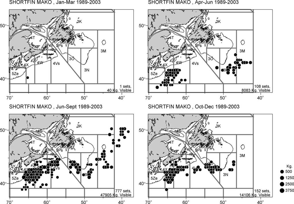 S.E. Campana et al. / Fisheries Research 73 (2005) 341 352 349 Fig. 4. Mako shark catch location by season observed by SFOP on Canadian vessels fishing swordfish or tuna betweeen 1989 and 2003.