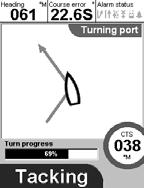 90º turn: The boat turns through 90º 180º turn: The boat turns through 180º Availability: Compass GPS Wind Tack/Gybe yes no yes 90º yes no no 180º yes no no 3-10-1 Auto tacking in compass mode Auto