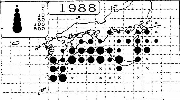 Egg distribution of Japanese sardine High stock periods: Spawning grounds extend across