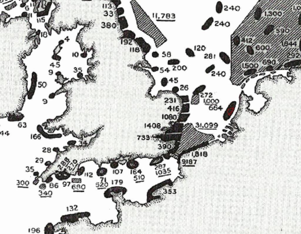 Figure 4: Map of mines laid during World War I [15]. Black shapes denote the German laid mines. Grey shaped denotes the Allied laid mines.