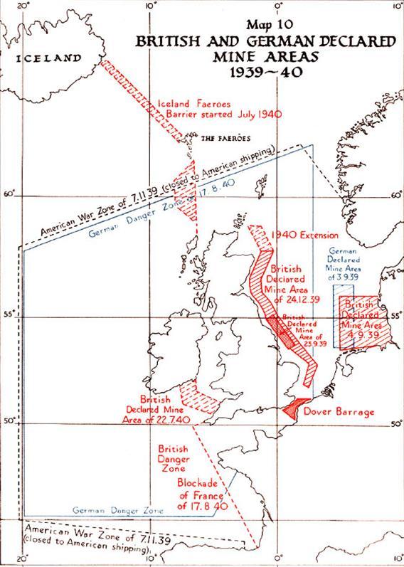 Figure 11: British and German declared mine areas 1939-1940 [39]. In May 1940 the German air force jettisoned magnetic mines in front of the harbour of IJmuiden.