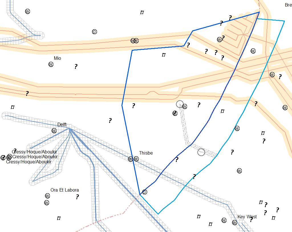 Figure 13: Location known wrecks, wreck remains and foul areas [7, 32]. The locations of mentioned wrecks, wreck remains and foul areas are also shown in Annex 2.