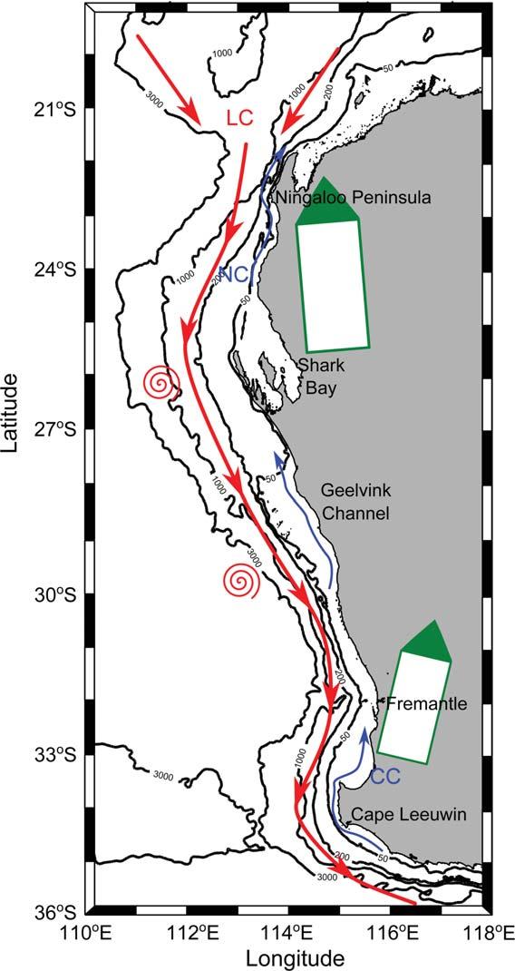 Figure 1. Map of the study area, the WA region. Thin black contours represent the bathymetry (isobaths 50, 200, 1000, and 3000 m). Note the variable width of the shelf (0 200 m).