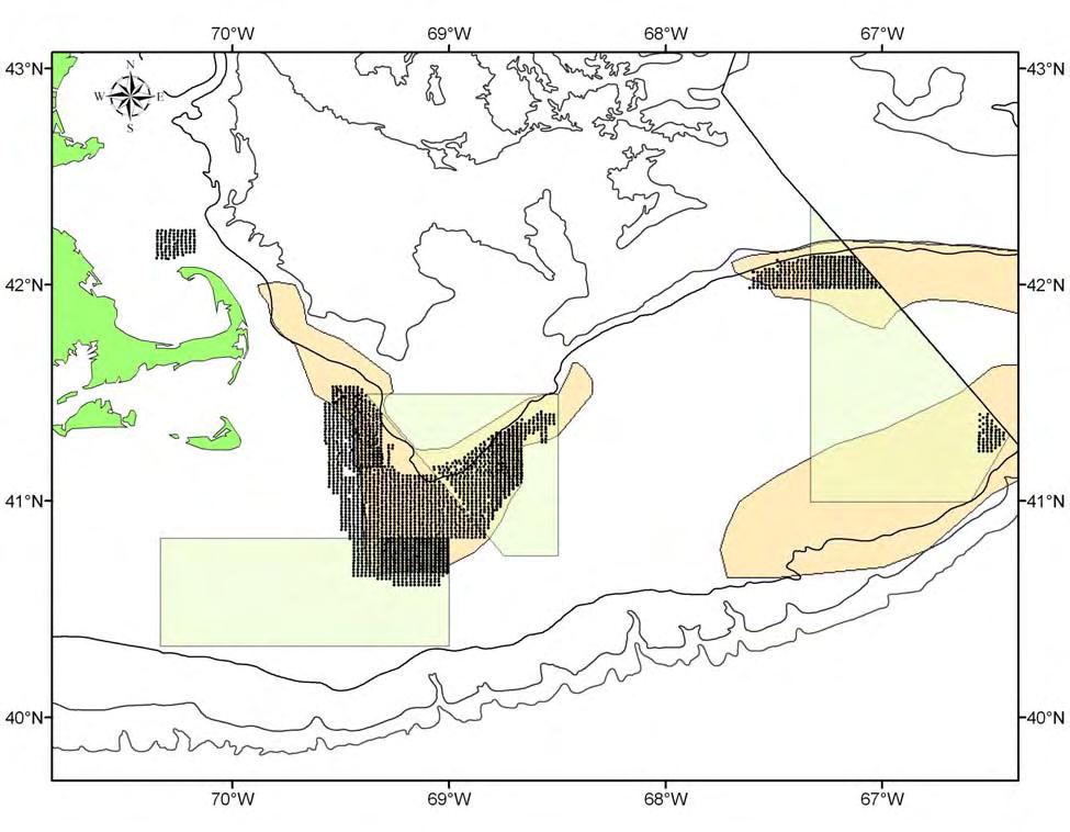 3 Figure 1. Georges Bank with the closed areas outlined. The historic scallop fishing grounds shaded. The SMAST video stations are represented by black dots, each separated by 1.6 km.