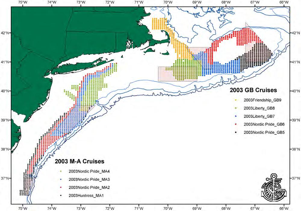 4 Figure 2. The Industry-SMAST video survey of the mid-atlantic (M-A) and Georges Bank (GB) sea scallop resource. Stations are separated by 5.6 km.