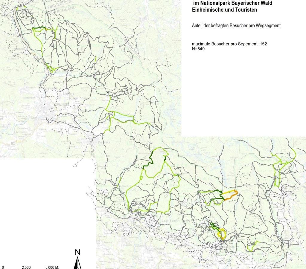 Asked: Route Analysis All Visitors Spatial distribution of visitors (locals and tourists) in the Bavarian Forest National Park Amount of