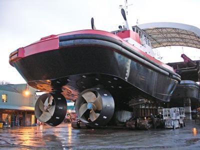 Fig. 4 Conventional tug - Twin screw in fixed nozzles and steerable rudders Azimuth Stern Drive (ASD) tugs are fitted with two (2) thrusters at the stern.