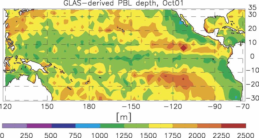 MARCH 2006 A H L G R I M M A N D RANDALL 1003 FIG. 1. GLAS-derived boundary layer depth, averaged from 26 Sep to 18 Nov 2003. Retrievals with PBL depths exceeding 3500 m have been excluded.