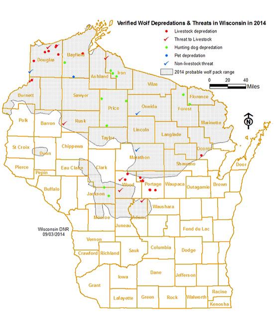 Wolf Conflict Management Figure 6: 2014 Wisconsin Wolf Range and Depredations (WDNR 2014).