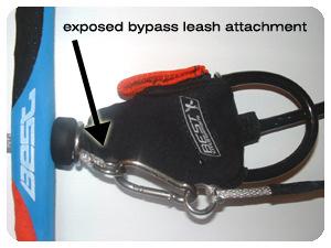 The wrist leash can either be worn attached directly to the wrist or wrapped around the spreader bar on the harness.