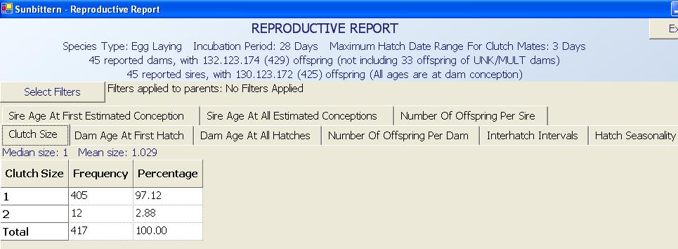 The reproductive report can be limited using the Select Filters button. In the reproductive report, all filters are applied to the parents, NOT the offspring.