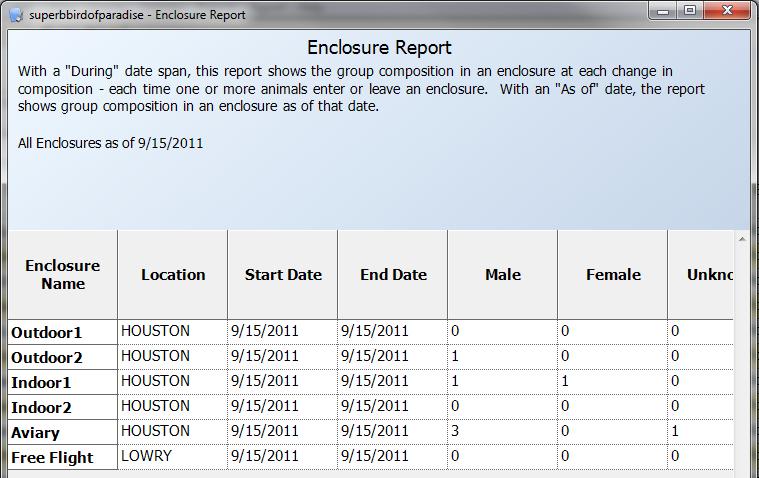 ENCLOSURE REPORT When the Enclosure Report is selected from the Report menu, a pop-up gives you the option to view the history of an enclosure during a span of time or as of a certain date.