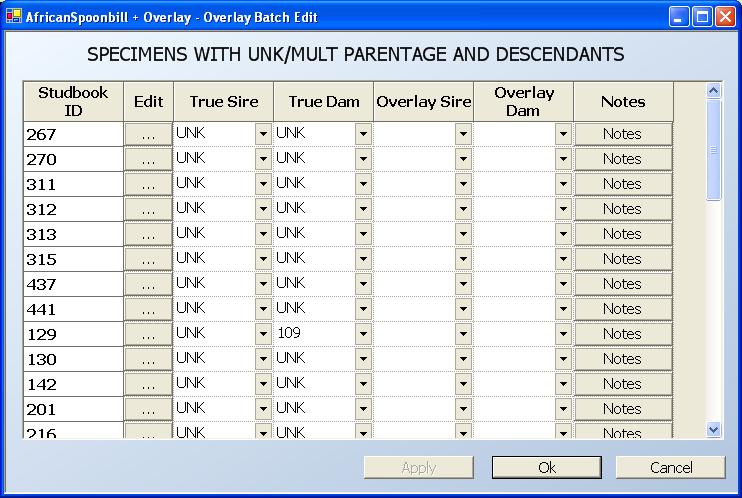 Batch editing in an Overlay By selecting the Overlay-> Batch Edits menu item, PopLink allows you to rapidly assign analytical parentage to specimens with unknown or MULT parentage.
