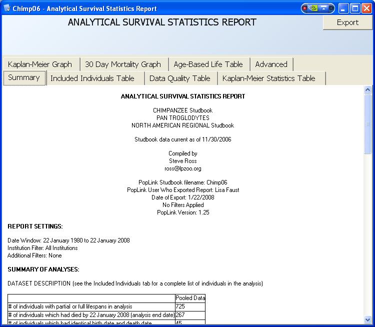 ANALYTICAL SURVIVAL STATISTICS REPORT The Analytical Survival Statistics Report calculates its statistics based on a starting age of 0 days - all animals in the window are included in the analysis.