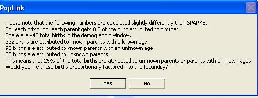 When you click OK on the export screen, you may see a pop-up message about demography calculations for specimens with unknown data (specimens born to unknown parents or to unknown age parents).