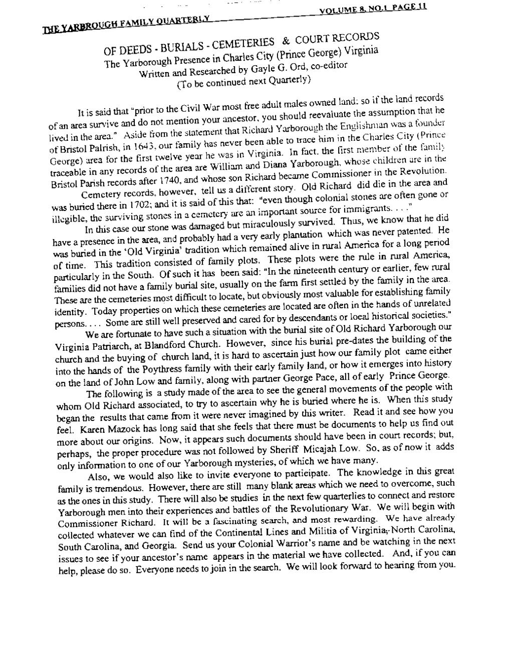 DJEYABBROUGH FAMILY QUARTERLY VOLUME 8. N0.1 PAGE 11 OF DEEDS -BURIALS - CEMETERI~S &_ COURT REC_O~~ The y arborough Presence in Charles C1ty (Pnnce Georg~) V ugm1 Written and Researched by Gayle G.