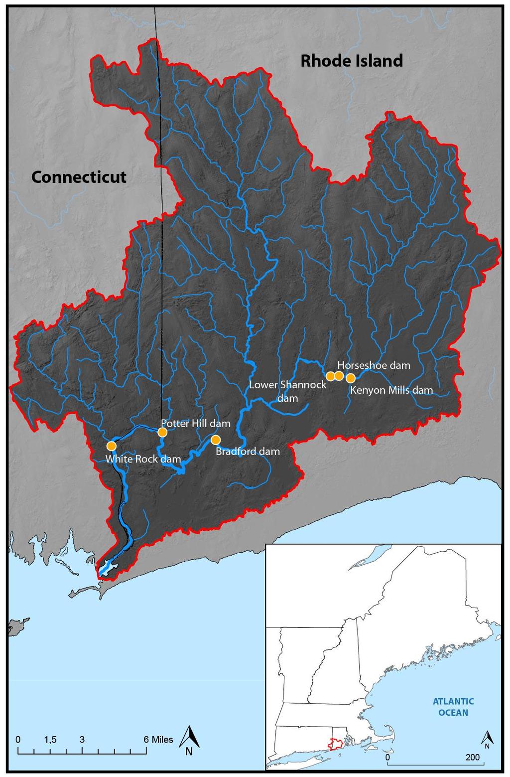 Figure 1. Map of the Wood-Pawcatuck Watershed, including the six main stem dams that have been a focus of restoration work from 2010 to 2018.