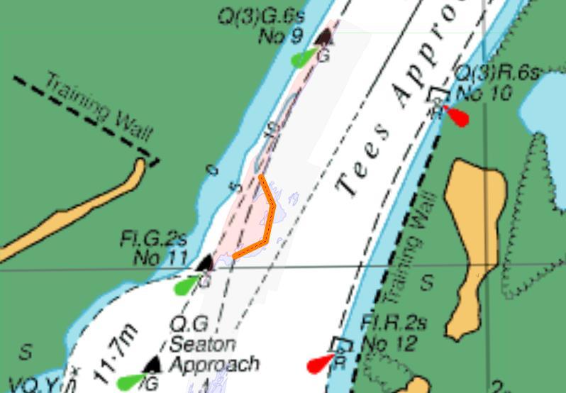 CHANNEL SHOALING NOTE Issued by the Harbour Master on 02 November 2017 Shoaling is evident between Nos. 9 and 11 Buoys where depths of less than 13.3m extend up to 50m into the channel.