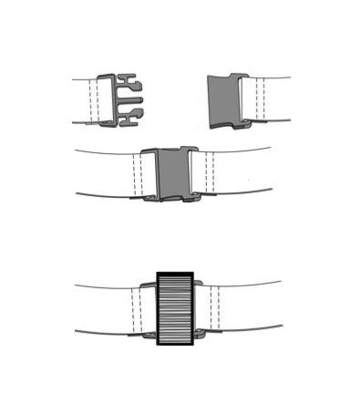 3. Bring both sides of the strap around to the back of the helmet, and buckle the strap as shown in Figure 22(A) and (B).