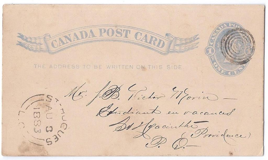Item 251-27 St. Hugues LC (Bagot county) 1883, 1 stationery postcard from St.