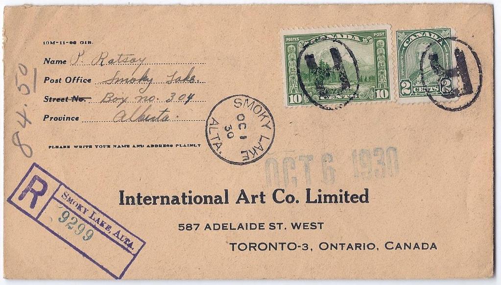 Item 251-33 Smoky Lake Alberta registered 1930, 2 Arch, 10 Scroll tied by oval R cancel on cover from Smoky Lake
