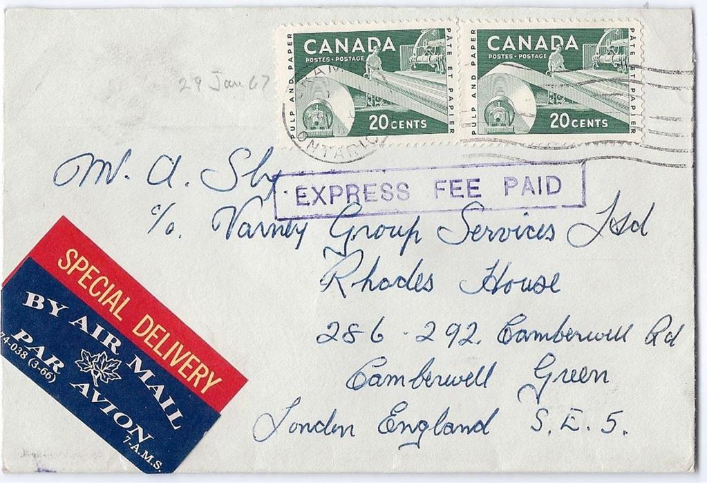 Item 251-38 Express fee paid 1967, 20 Paper Industry (2) tied by Brampton Ont machine cancel on cover